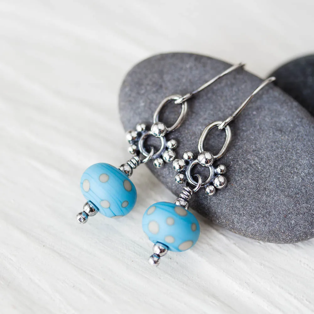 Petite Lampwork Earrings, Light Blue Bead Dangle, Sterling Silver