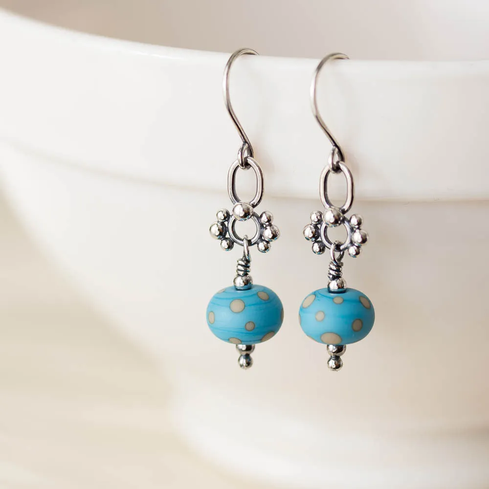 Petite Lampwork Earrings, Light Blue Bead Dangle, Sterling Silver