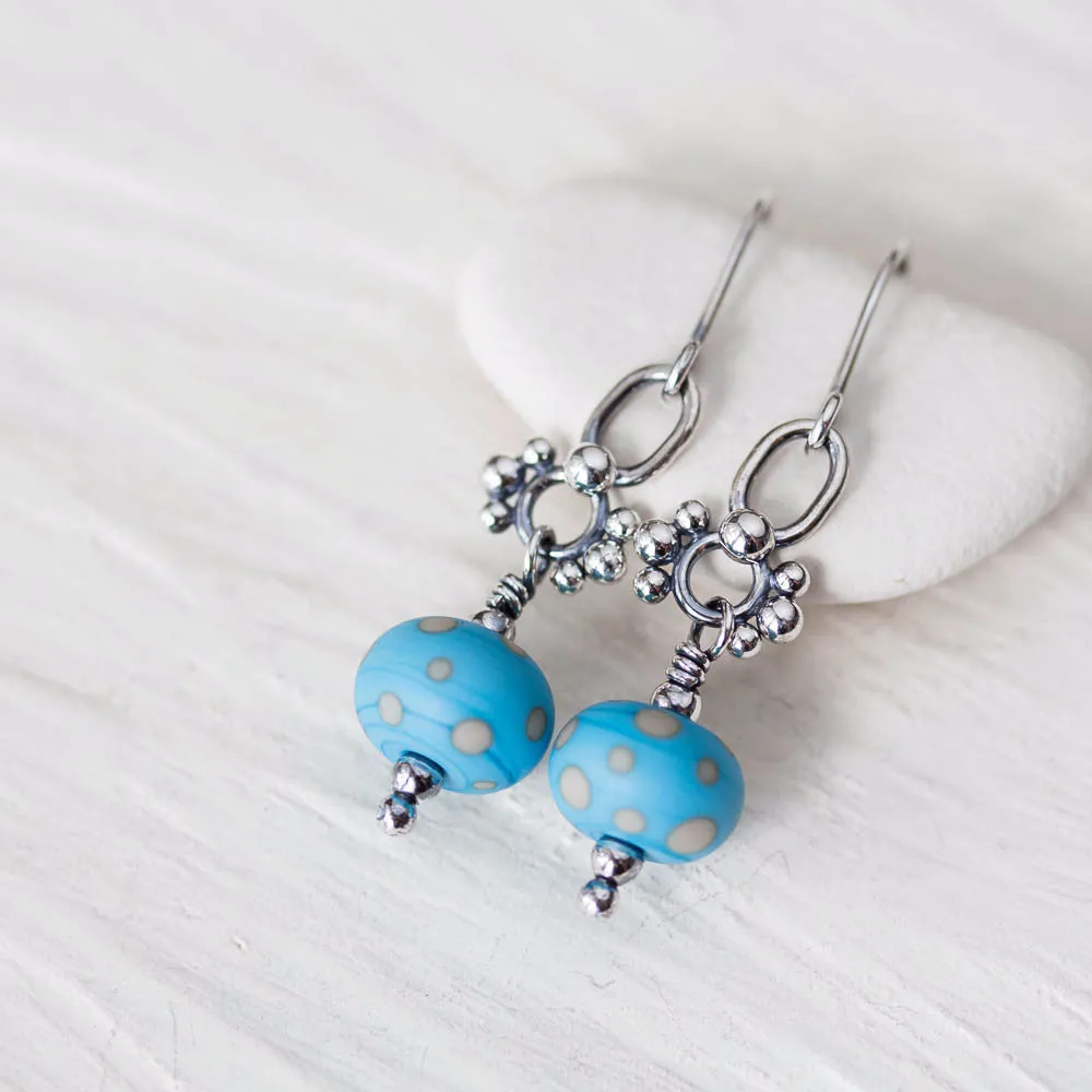 Petite Lampwork Earrings, Light Blue Bead Dangle, Sterling Silver