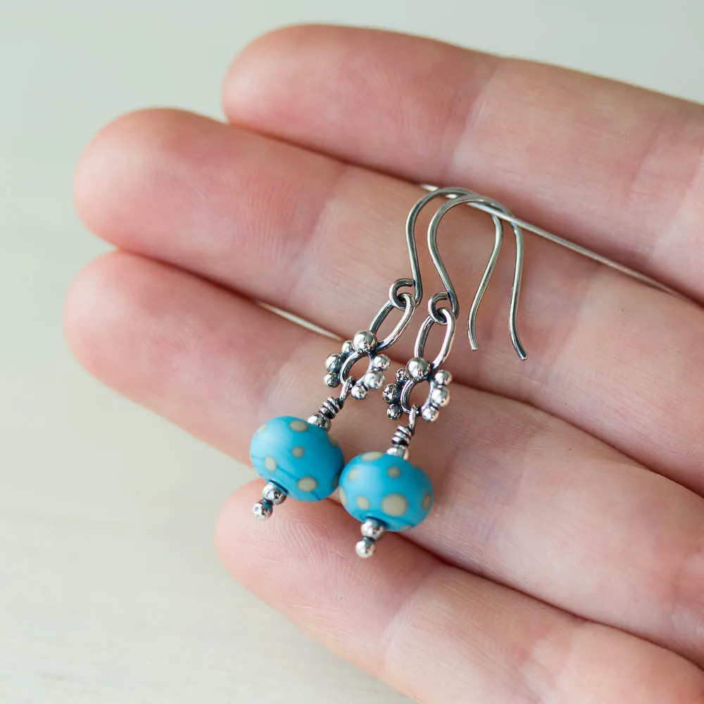 Petite Lampwork Earrings, Light Blue Bead Dangle, Sterling Silver