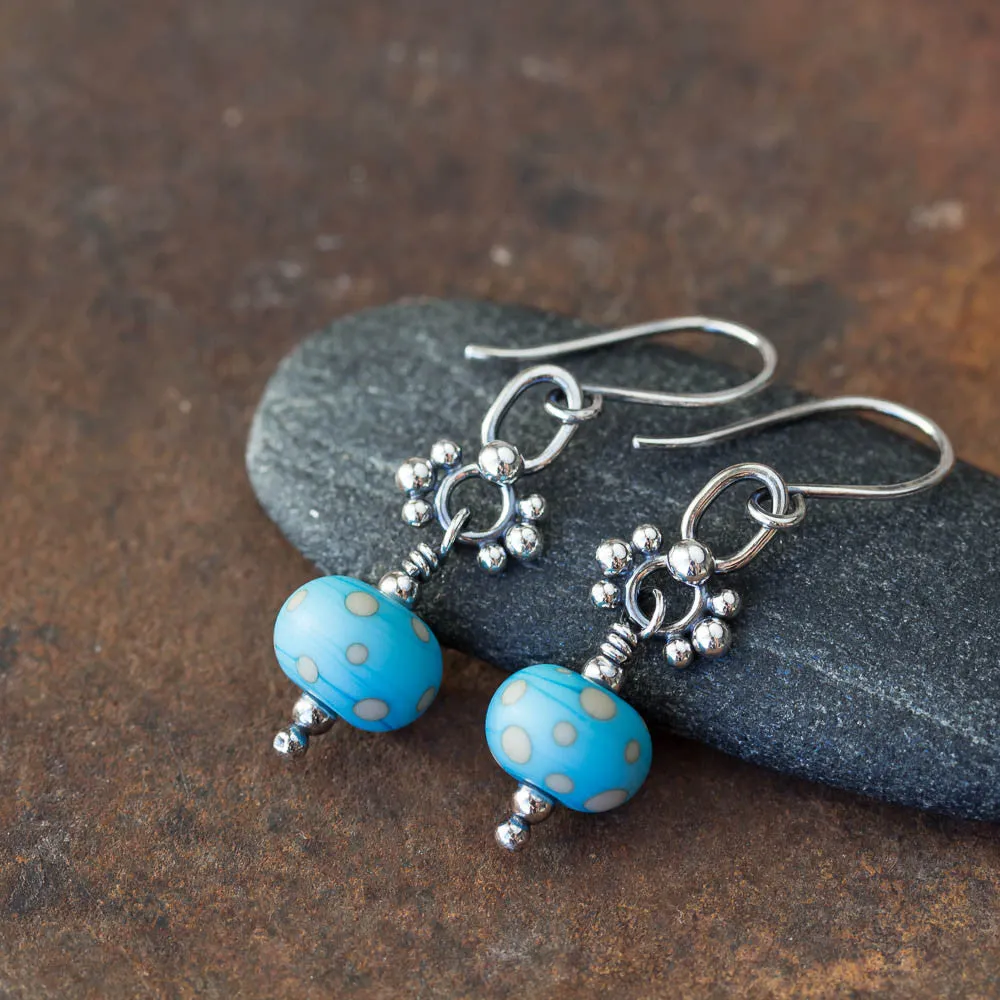 Petite Lampwork Earrings, Light Blue Bead Dangle, Sterling Silver