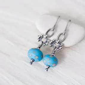 Petite Lampwork Earrings, Light Blue Bead Dangle, Sterling Silver