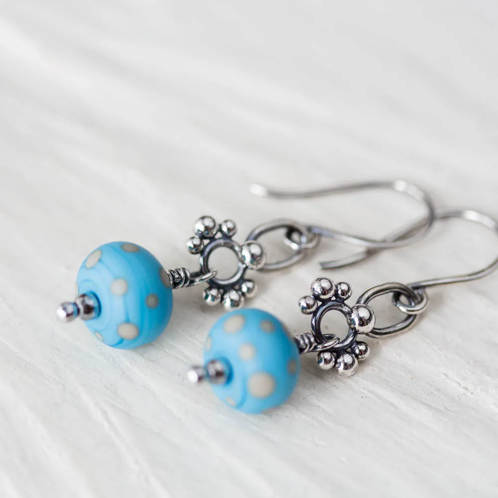 Petite Lampwork Earrings, Light Blue Bead Dangle, Sterling Silver