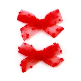 Pigtail Bows - Bright Red Sheer Dot