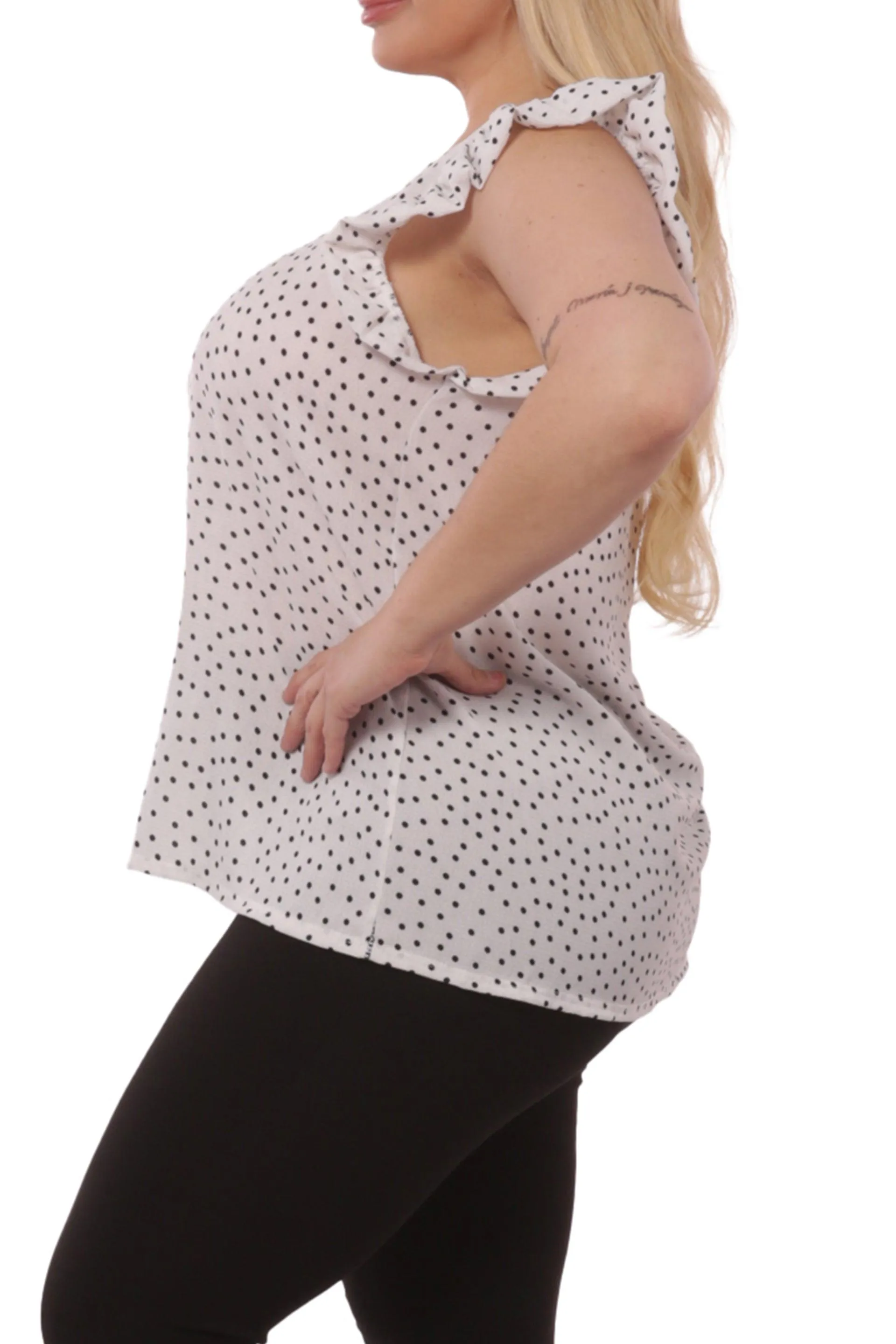 Plus Size Tops With Ruffle Armhole Detail - White