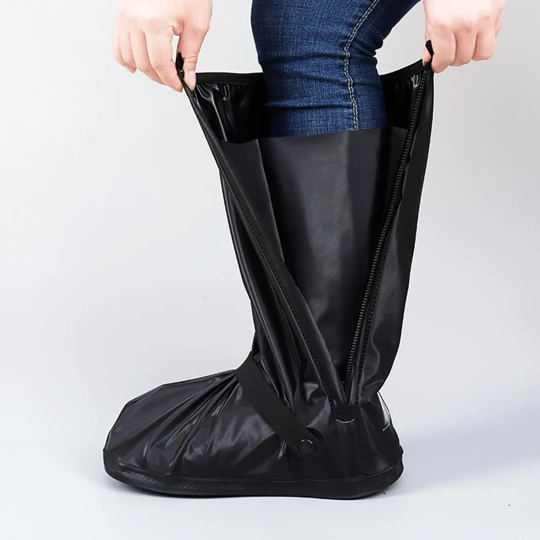 Springen Waterproof Rain Boot Shoe Covers with Reflector, Cycling Shoe Covers with Zipper, Motorcycle Rain Gear for Women & Men, Reusable & Foldable, Non-Slip (Black, 1 Pair)