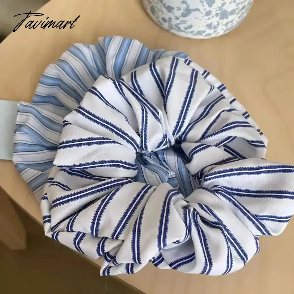 Tavimart Elegant Blue Striped Cotton Elastic Sweet Hair Scrunchies Hair Grip for Women Girl Korean Ponytail Headband Hair Accessory