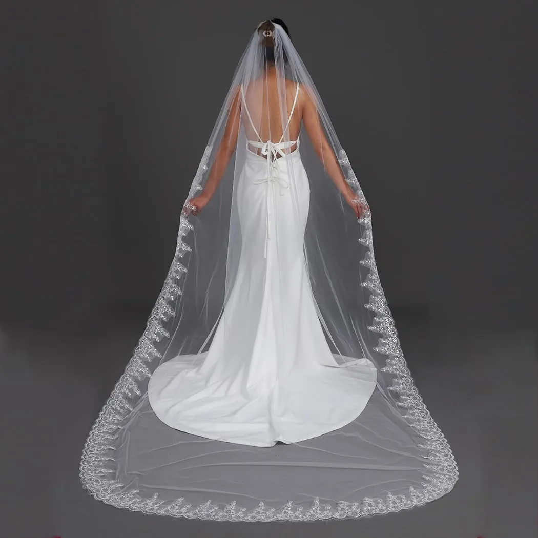Ursumy Glitter Bride Wedding Veil Lace Cathedral Veil Sparking Soft Tulle Bridal Veils with Comb 118" (Ivory)