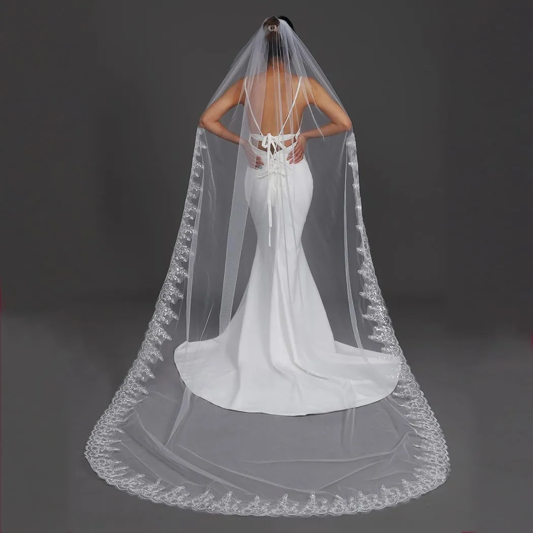 Ursumy Glitter Bride Wedding Veil Lace Cathedral Veil Sparking Soft Tulle Bridal Veils with Comb 118" (Ivory)