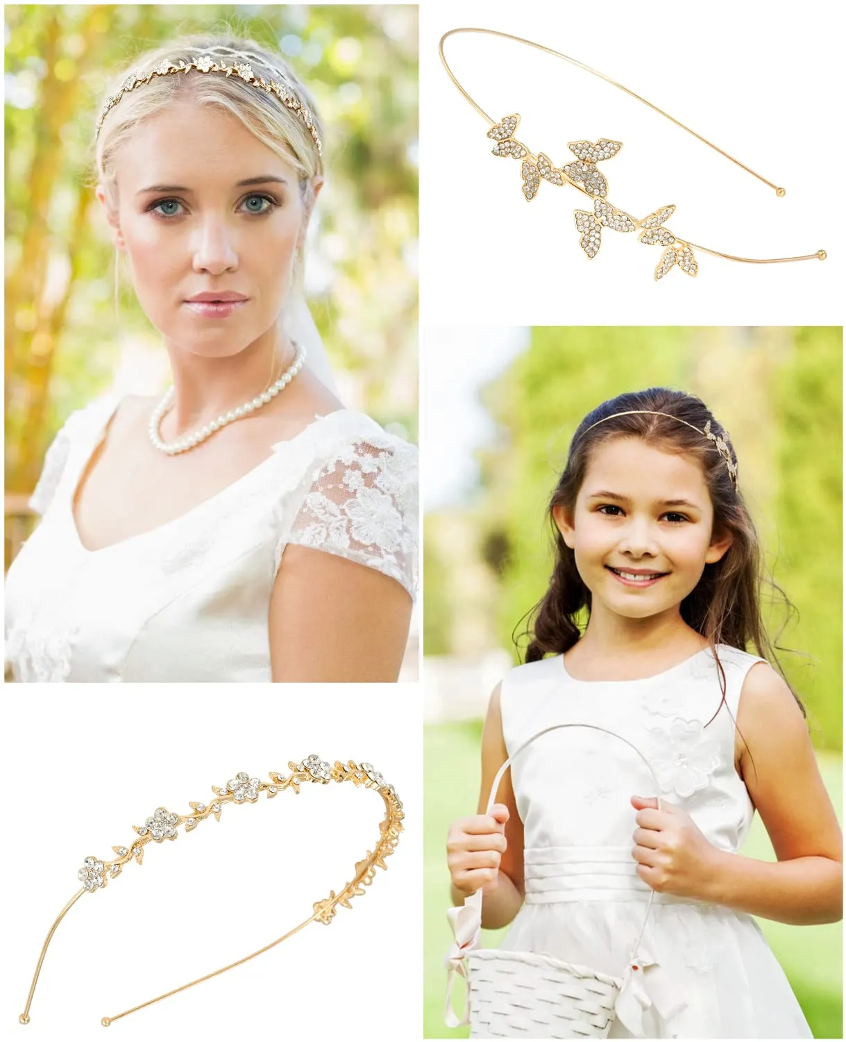 Wecoe 4 Pack Rhinestone Headbands Women Gold Metal Headbands Flower Girl Bridal Wedding Crystal Headpieces Flower Leaf Butterfly Headband Tiara Formal Hair Accessories For Women Girls Halloween Gifts