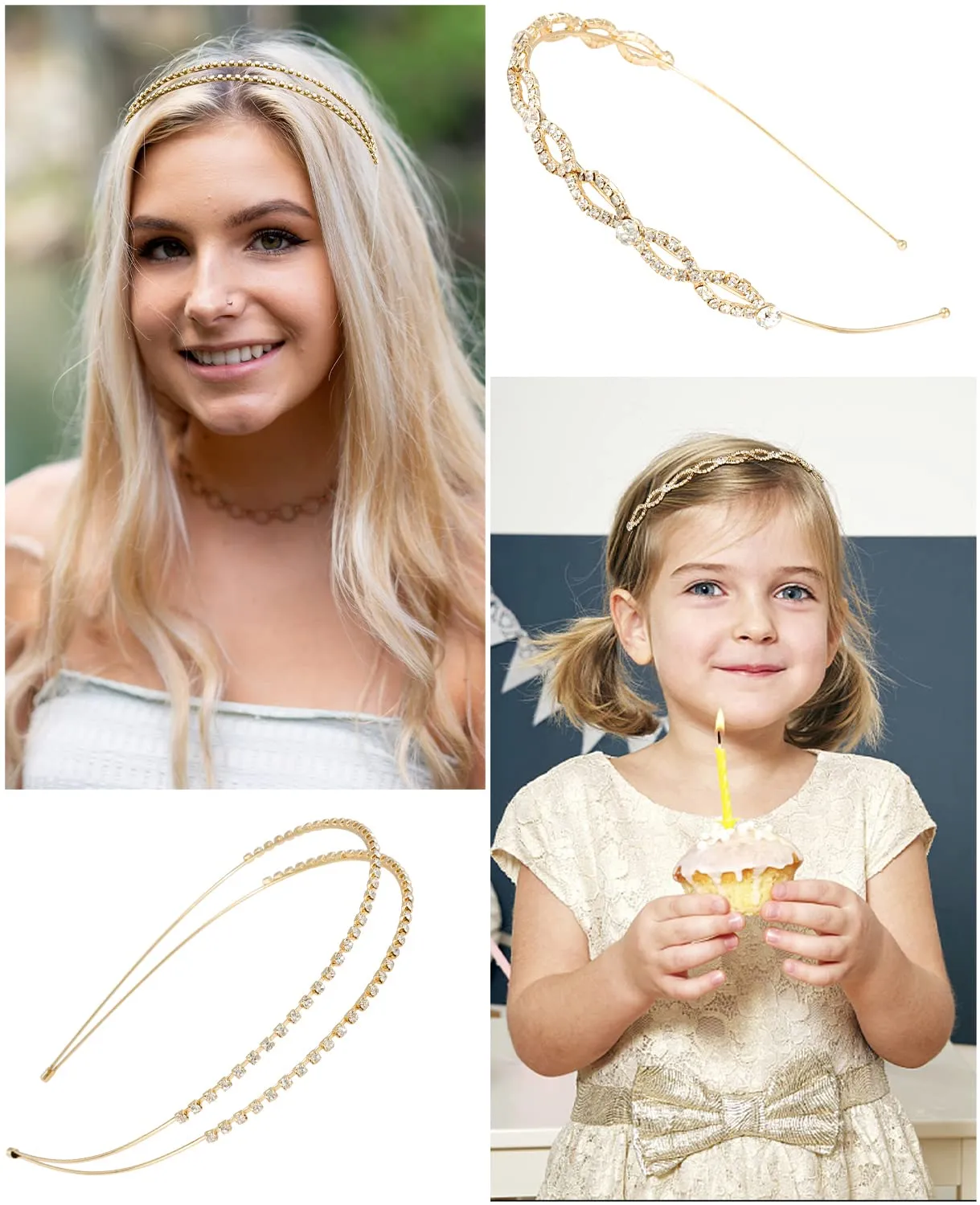 Wecoe 4 Pack Rhinestone Headbands Women Gold Metal Headbands Flower Girl Bridal Wedding Crystal Headpieces Flower Leaf Butterfly Headband Tiara Formal Hair Accessories For Women Girls Halloween Gifts