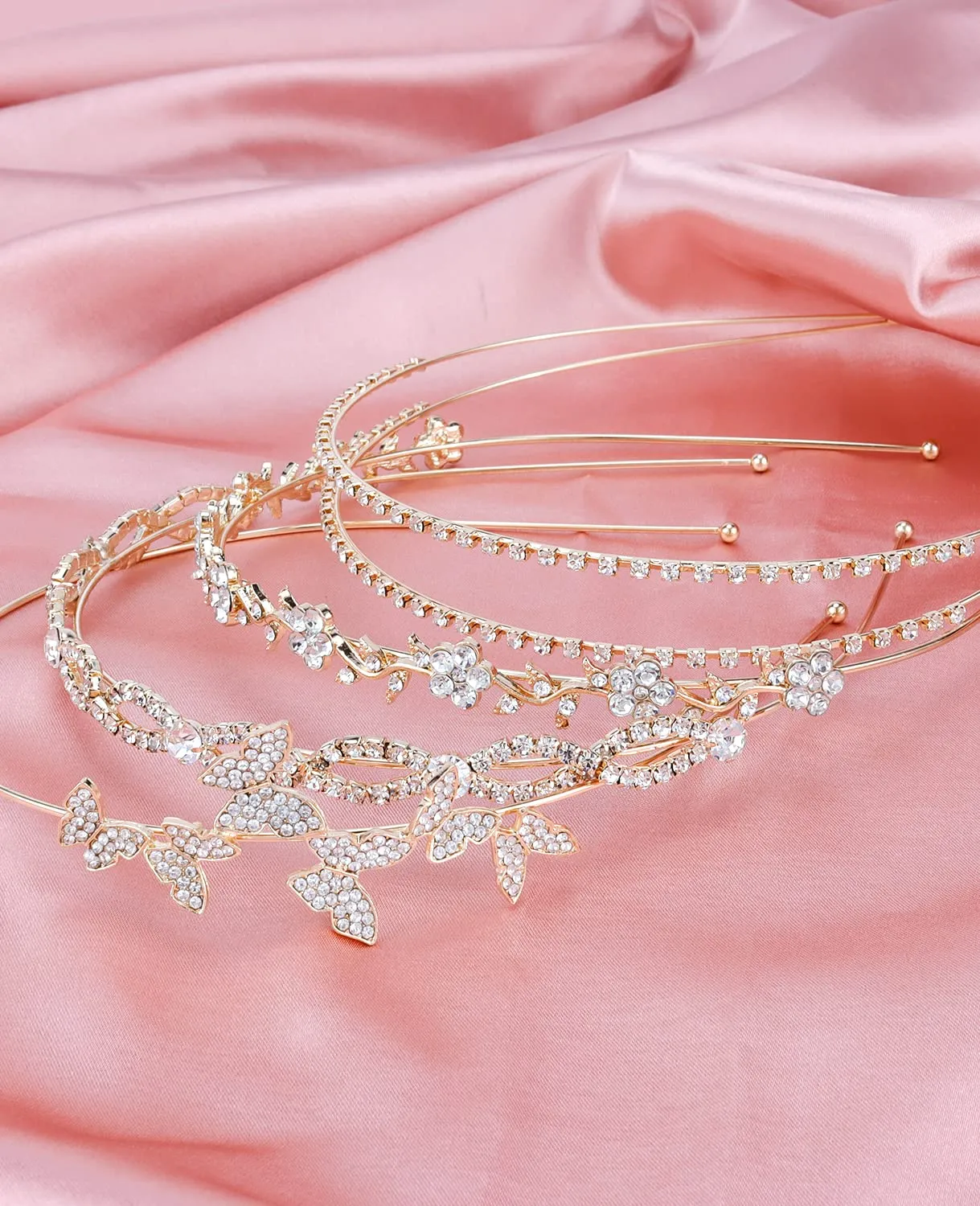 Wecoe 4 Pack Rhinestone Headbands Women Gold Metal Headbands Flower Girl Bridal Wedding Crystal Headpieces Flower Leaf Butterfly Headband Tiara Formal Hair Accessories For Women Girls Halloween Gifts