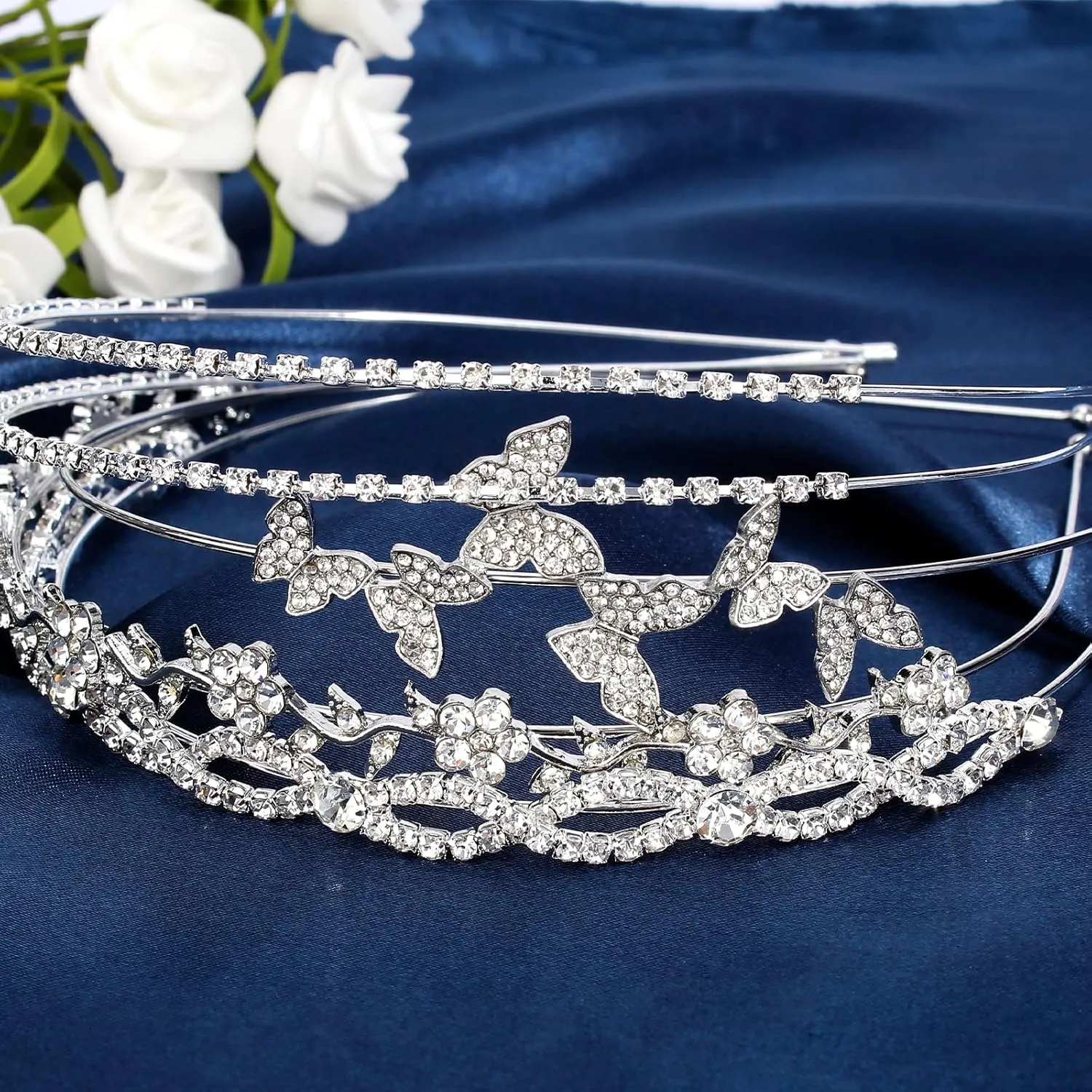 Wecoe 4 Pack Silver Rhinestone Headband Flower Girl Bridal Wedding Headband Crystal Headpiece Flower Leaf Butterfly Metal Hairband Girls Hair Accessories For Women Girls Gifts