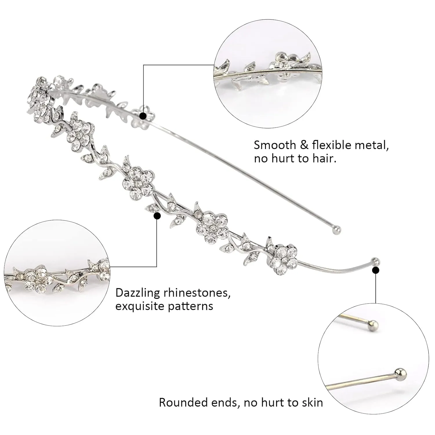 Wecoe 4 Pack Silver Rhinestone Headband Flower Girl Bridal Wedding Headband Crystal Headpiece Flower Leaf Butterfly Metal Hairband Girls Hair Accessories For Women Girls Gifts