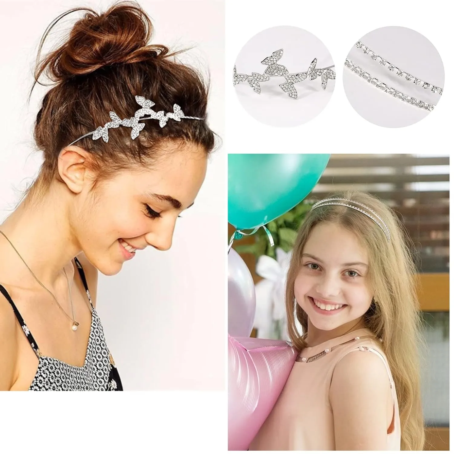 Wecoe 4 Pack Silver Rhinestone Headband Flower Girl Bridal Wedding Headband Crystal Headpiece Flower Leaf Butterfly Metal Hairband Girls Hair Accessories For Women Girls Gifts