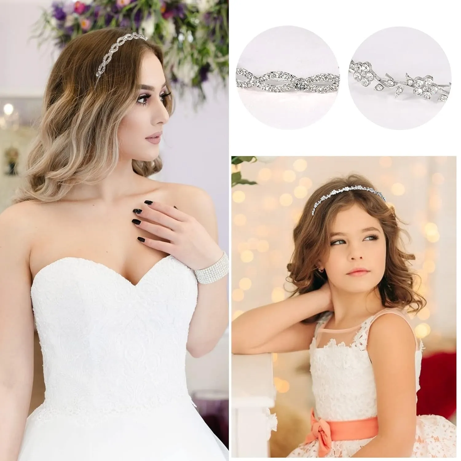 Wecoe 4 Pack Silver Rhinestone Headband Flower Girl Bridal Wedding Headband Crystal Headpiece Flower Leaf Butterfly Metal Hairband Girls Hair Accessories For Women Girls Gifts