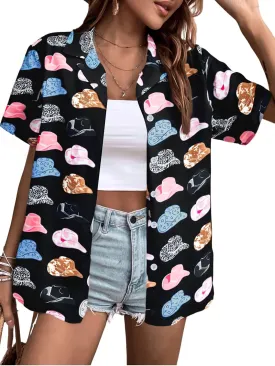 Western Button Down Shirt Women: Cowgirl Short Sleeve Boho Tops Hawaiian Tropical Graphic Tees Summer Vacation Outfit