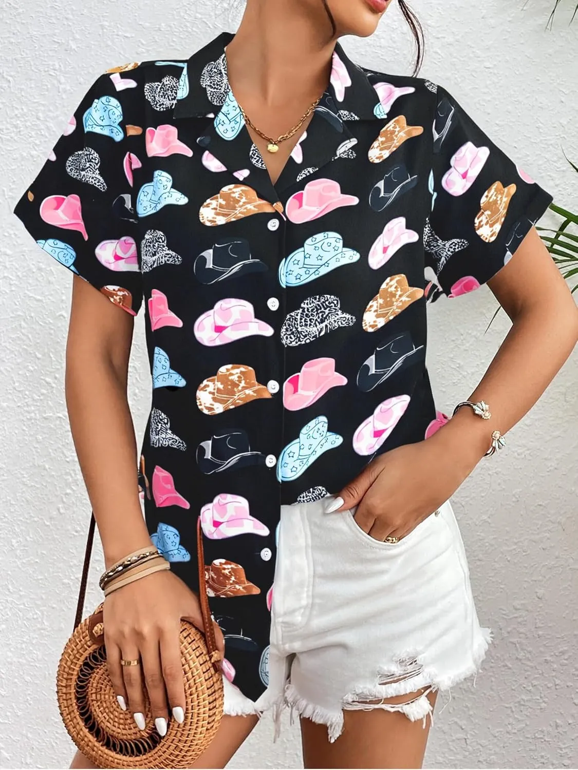 Western Button Down Shirt Women: Cowgirl Short Sleeve Boho Tops Hawaiian Tropical Graphic Tees Summer Vacation Outfit