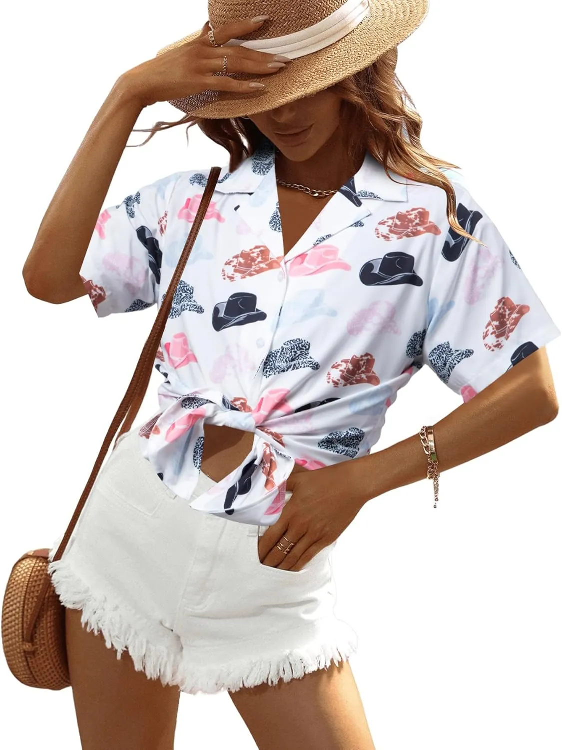 Western Button Down Shirt Women: Cowgirl Short Sleeve Boho Tops Hawaiian Tropical Graphic Tees Summer Vacation Outfit