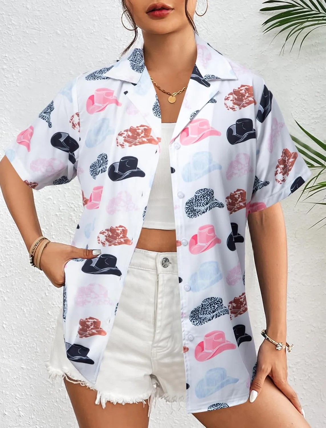 Western Button Down Shirt Women: Cowgirl Short Sleeve Boho Tops Hawaiian Tropical Graphic Tees Summer Vacation Outfit