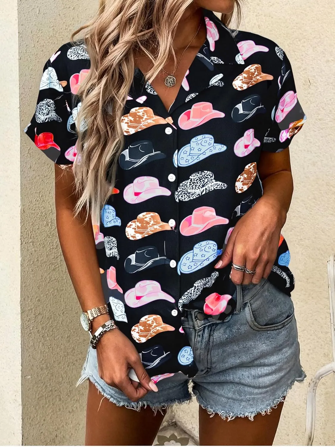 Western Button Down Shirt Women: Cowgirl Short Sleeve Boho Tops Hawaiian Tropical Graphic Tees Summer Vacation Outfit