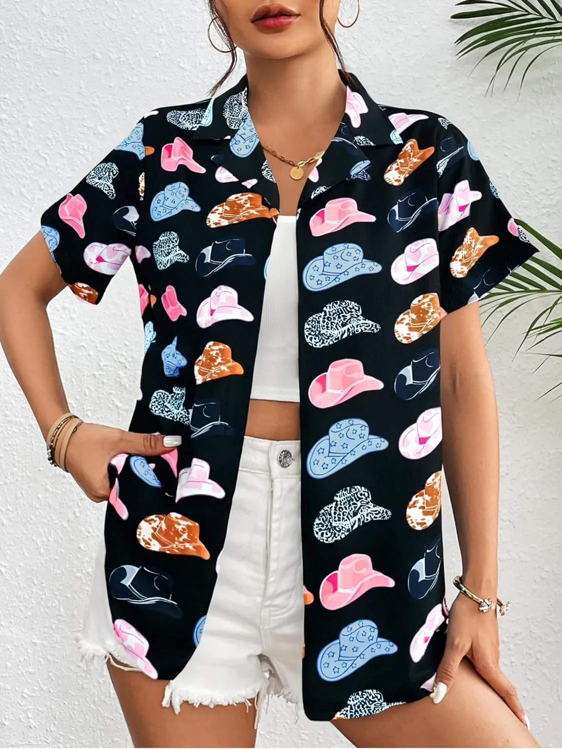 Western Button Down Shirt Women: Cowgirl Short Sleeve Boho Tops Hawaiian Tropical Graphic Tees Summer Vacation Outfit