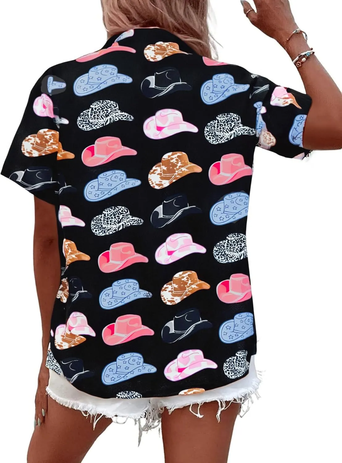 Western Button Down Shirt Women: Cowgirl Short Sleeve Boho Tops Hawaiian Tropical Graphic Tees Summer Vacation Outfit
