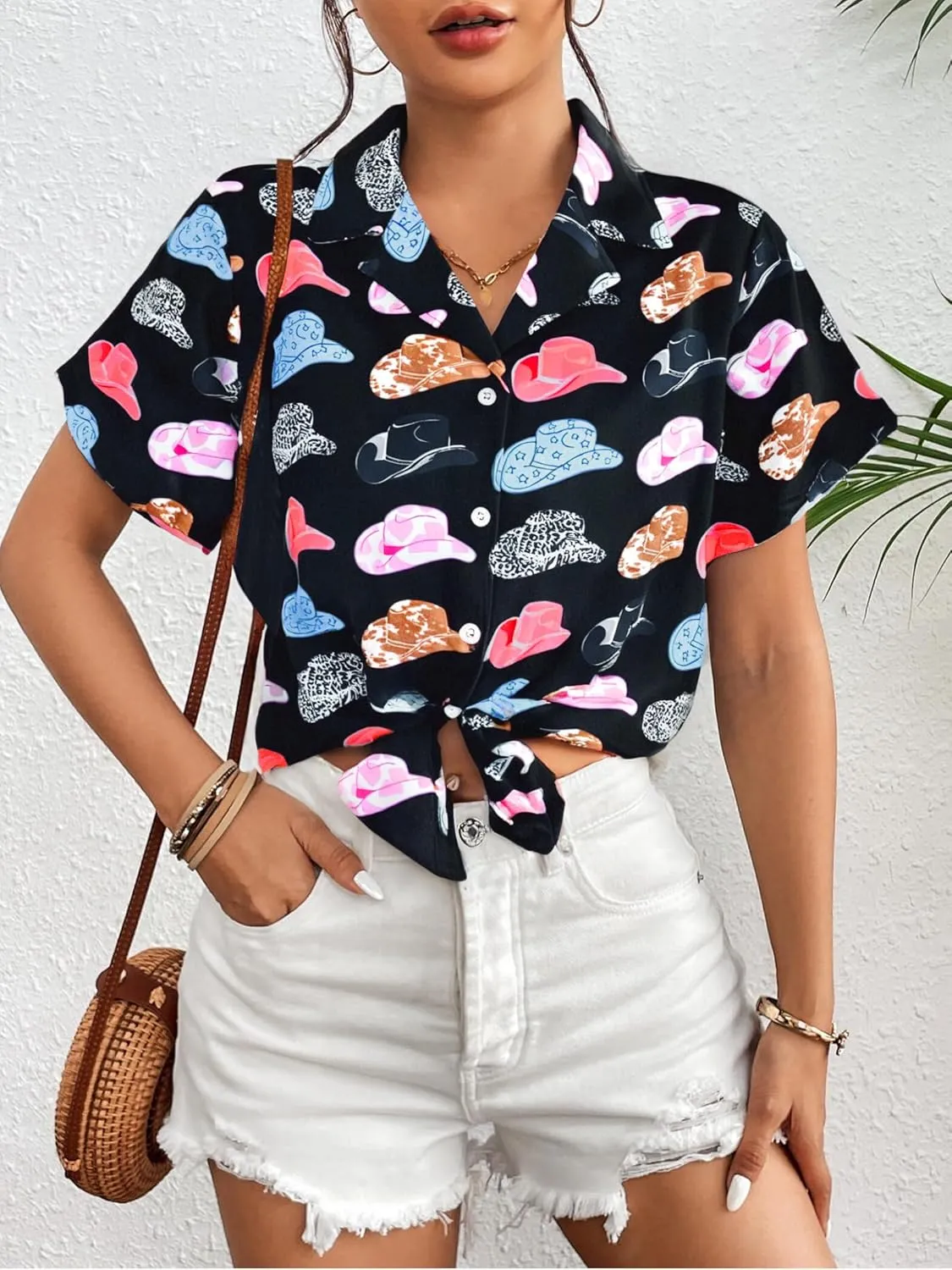 Western Button Down Shirt Women: Cowgirl Short Sleeve Boho Tops Hawaiian Tropical Graphic Tees Summer Vacation Outfit