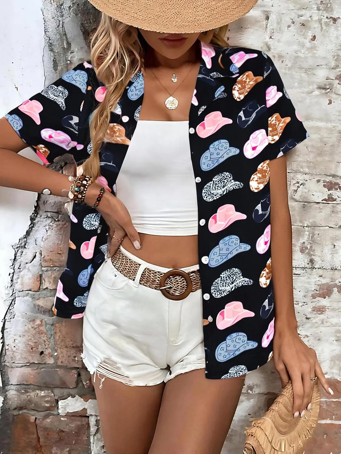 Western Button Down Shirt Women: Cowgirl Short Sleeve Boho Tops Hawaiian Tropical Graphic Tees Summer Vacation Outfit
