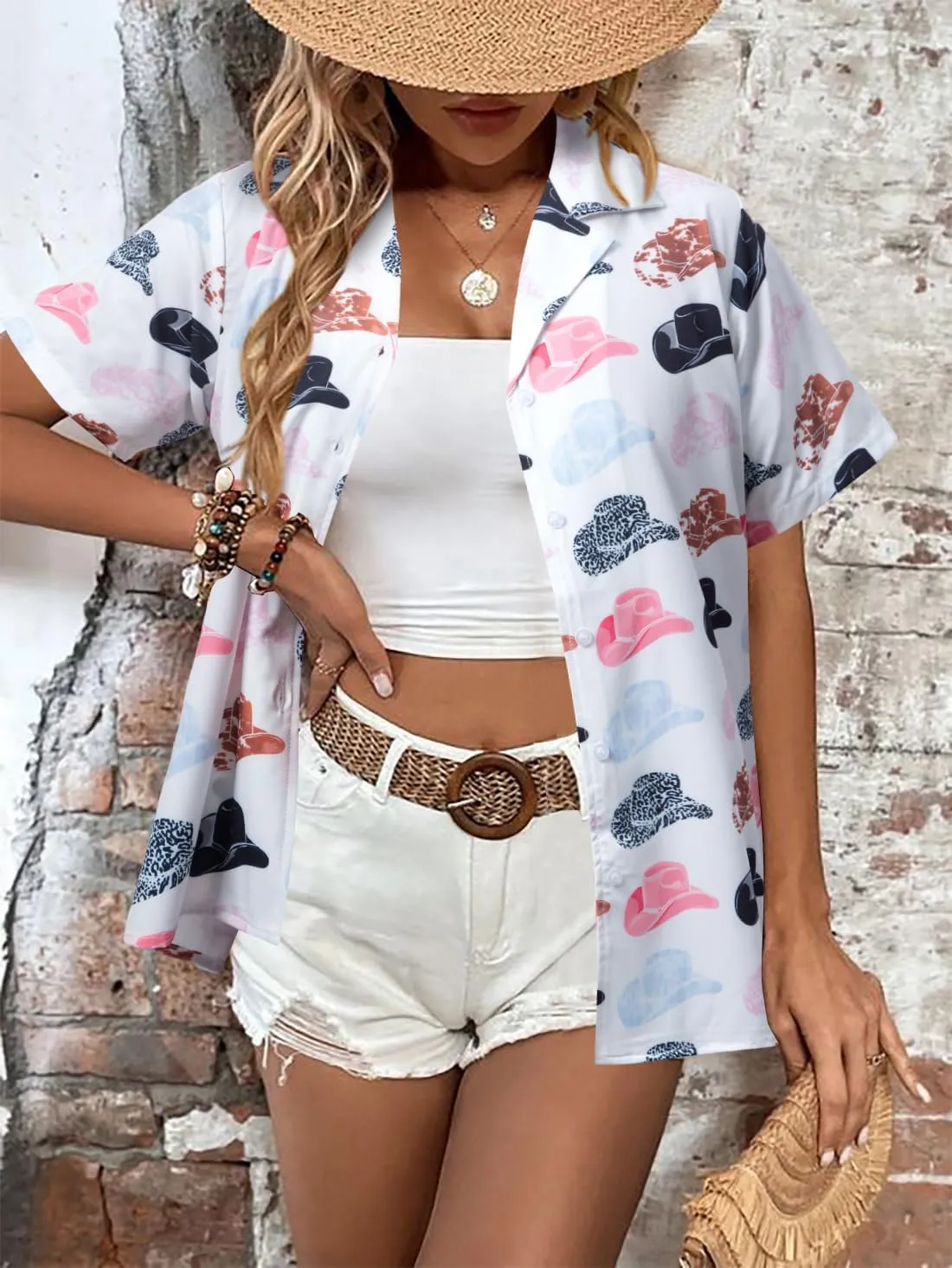 Western Button Down Shirt Women: Cowgirl Short Sleeve Boho Tops Hawaiian Tropical Graphic Tees Summer Vacation Outfit