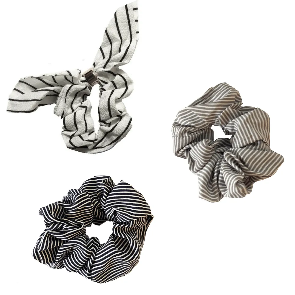 White, Black & Taupe Striped Scrunchies