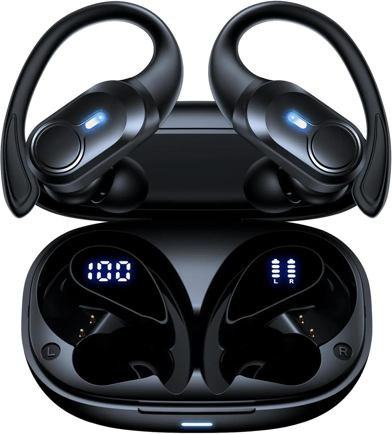 Wireless Earbuds Bluetooth Headphones 70hrs Playback Ear Buds IPX7 Waterproof Wireless Charging Case & Dual Power Display Over-Ear Stereo Bass Earphones Earhooks for Sports/Workout/Running Black