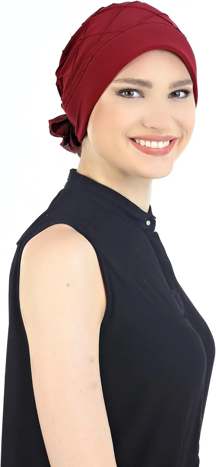 Women's Check-Pattern Practical Hat for Chemo, Hair Loss, Alopecia, with Pretty Chiffon Flower Detail