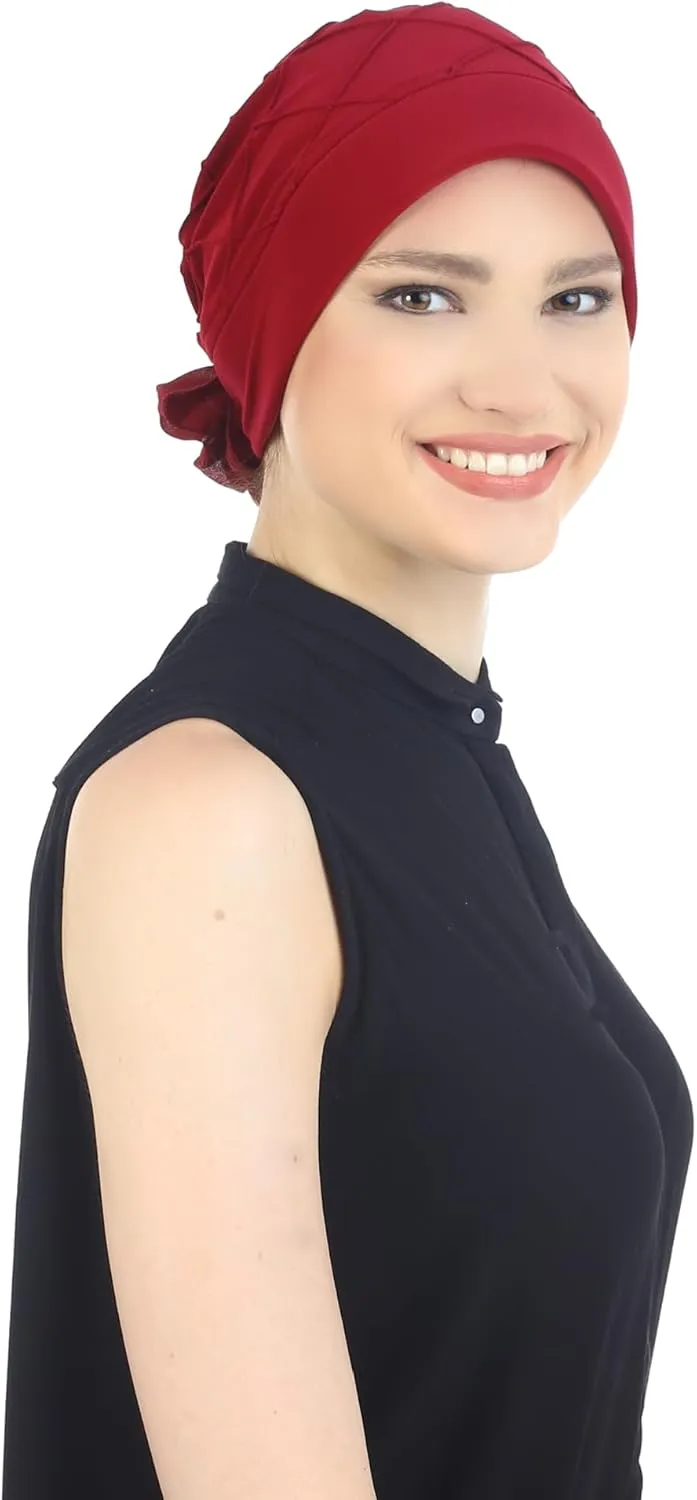 Women's Check-Pattern Practical Hat for Chemo, Hair Loss, Alopecia, with Pretty Chiffon Flower Detail