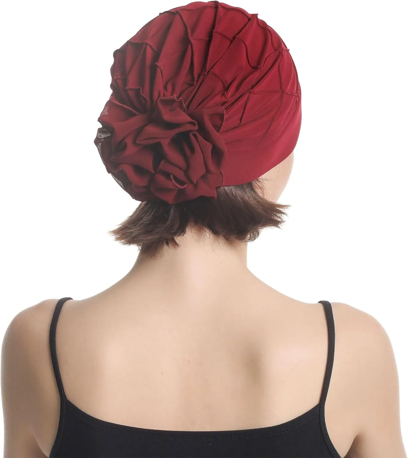 Women's Check-Pattern Practical Hat for Chemo, Hair Loss, Alopecia, with Pretty Chiffon Flower Detail
