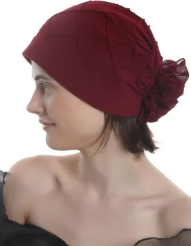 Women's Check-Pattern Practical Hat for Chemo, Hair Loss, Alopecia, with Pretty Chiffon Flower Detail