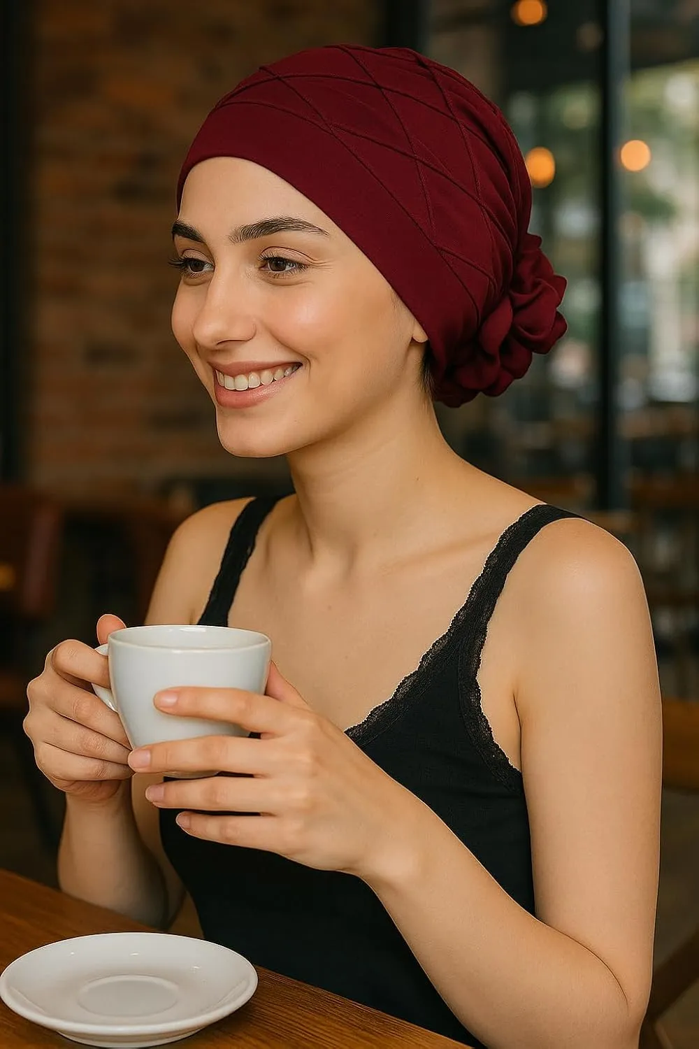 Women's Check-Pattern Practical Hat for Chemo, Hair Loss, Alopecia, with Pretty Chiffon Flower Detail