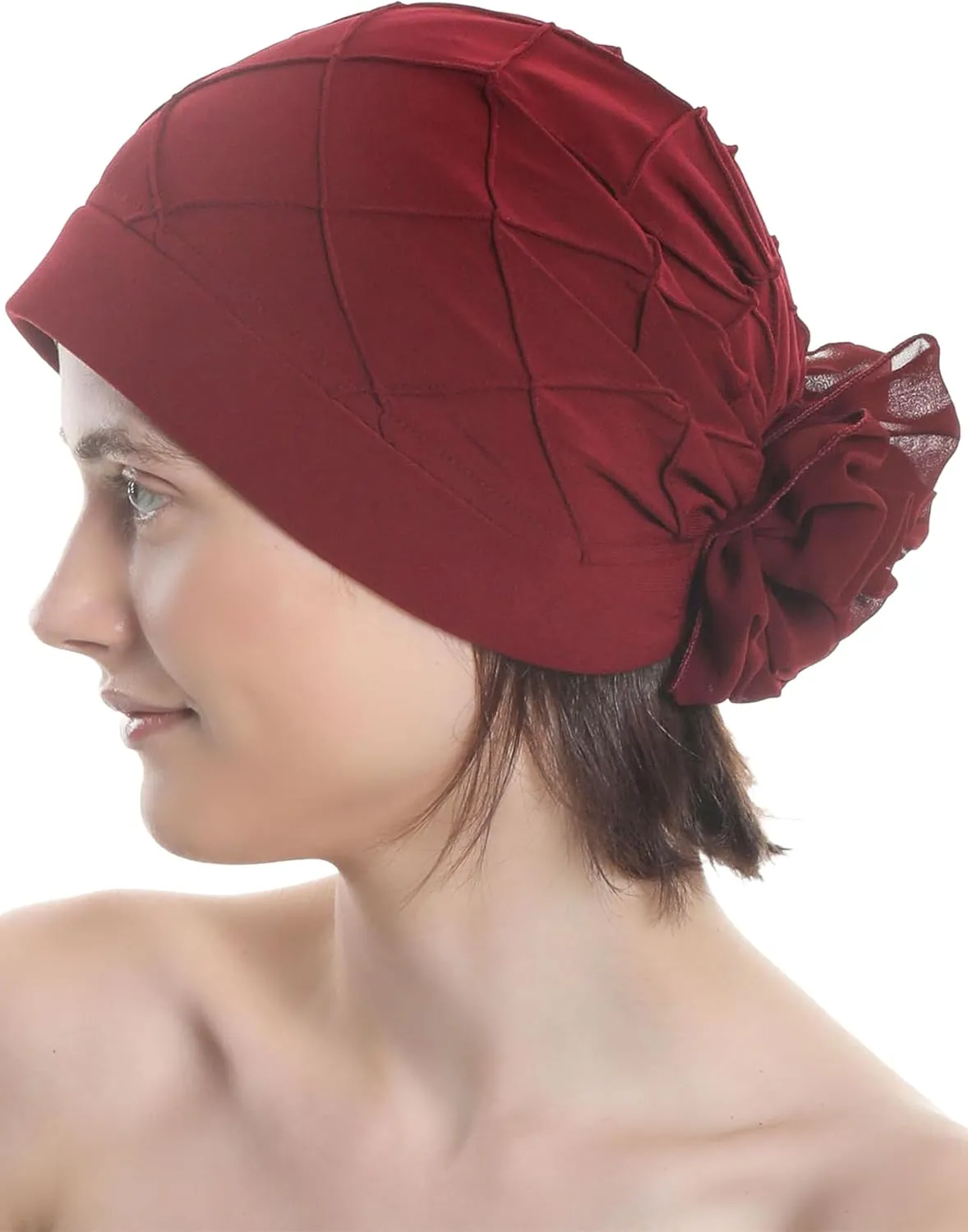 Women's Check-Pattern Practical Hat for Chemo, Hair Loss, Alopecia, with Pretty Chiffon Flower Detail