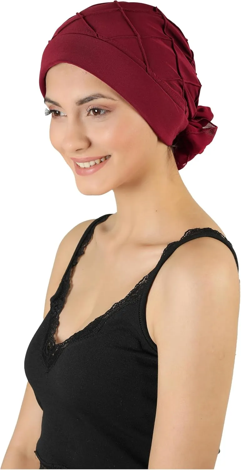 Women's Check-Pattern Practical Hat for Chemo, Hair Loss, Alopecia, with Pretty Chiffon Flower Detail
