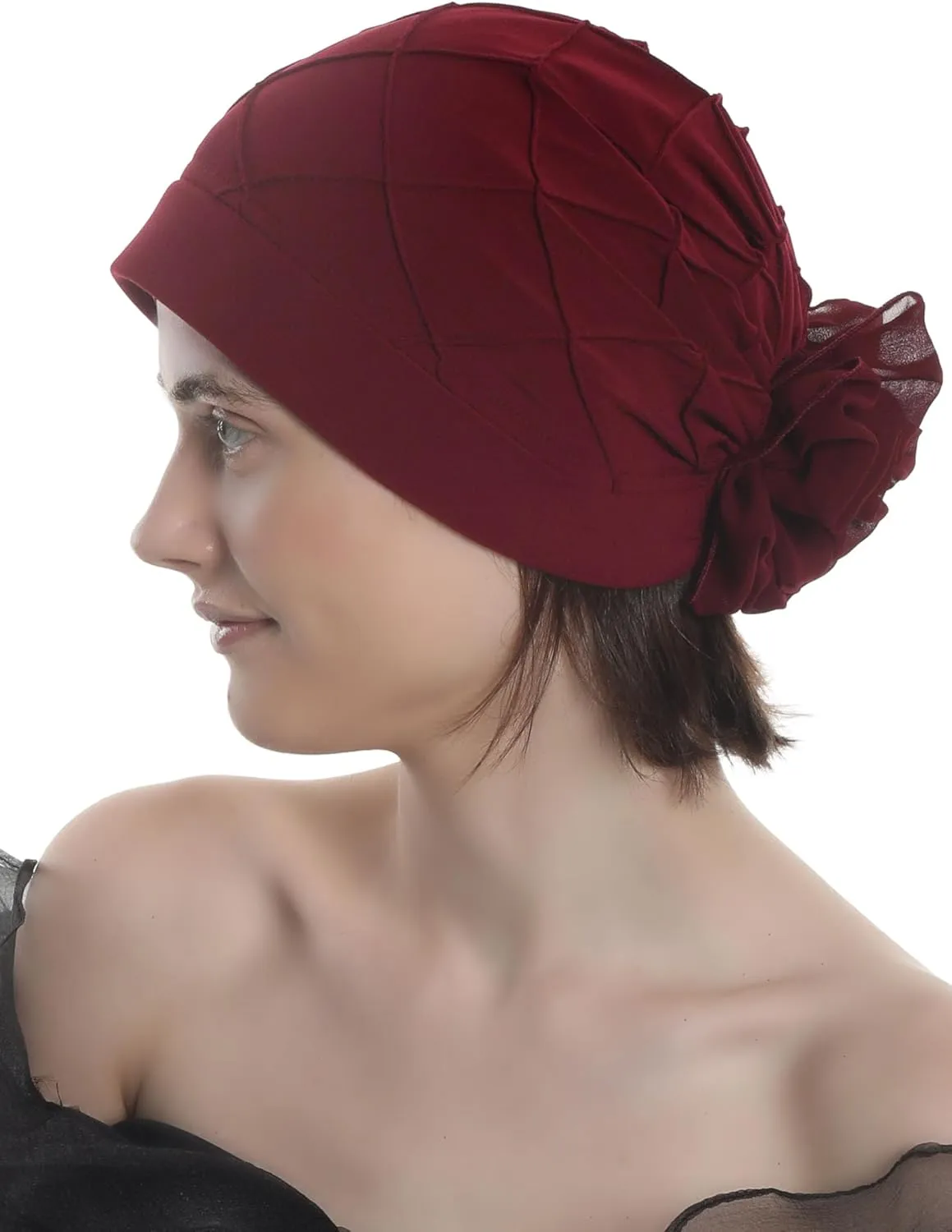 Women's Check-Pattern Practical Hat for Chemo, Hair Loss, Alopecia, with Pretty Chiffon Flower Detail