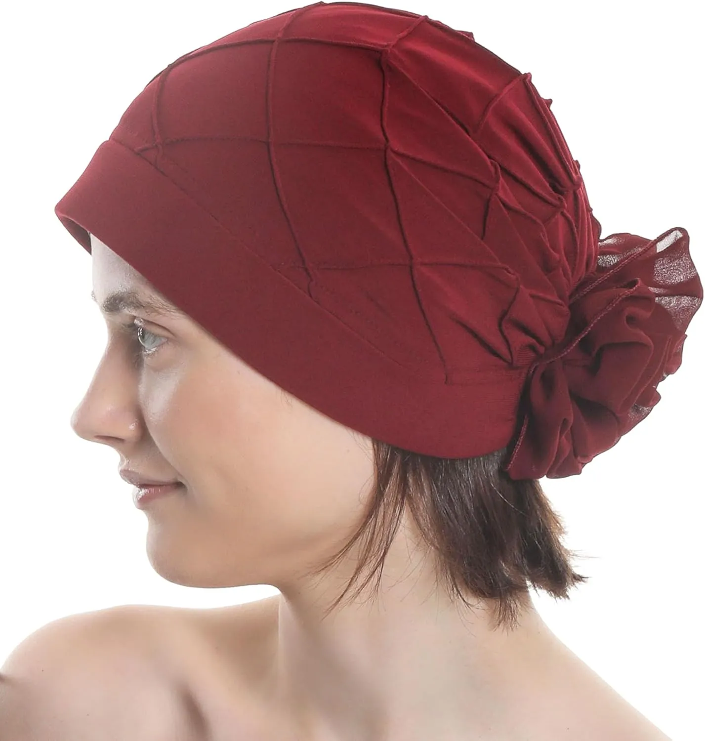 Women's Check-Pattern Practical Hat for Chemo, Hair Loss, Alopecia, with Pretty Chiffon Flower Detail