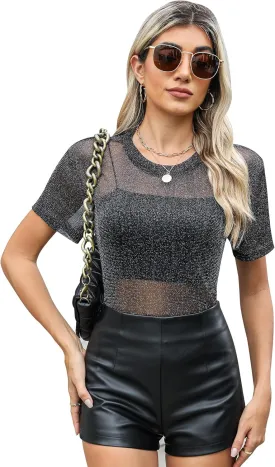 Womens Nashville Mesh Sheer Sparkly Top Glitter Star See Through Tops Tee Shirt Short Sleeve Concert Rave Outfits