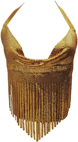 Women's Sparkle Crystal Rhinestone Body Chain Tassels Backless Silver Crop Top Metallic Glitter Halter Sequin Rave Outfit
