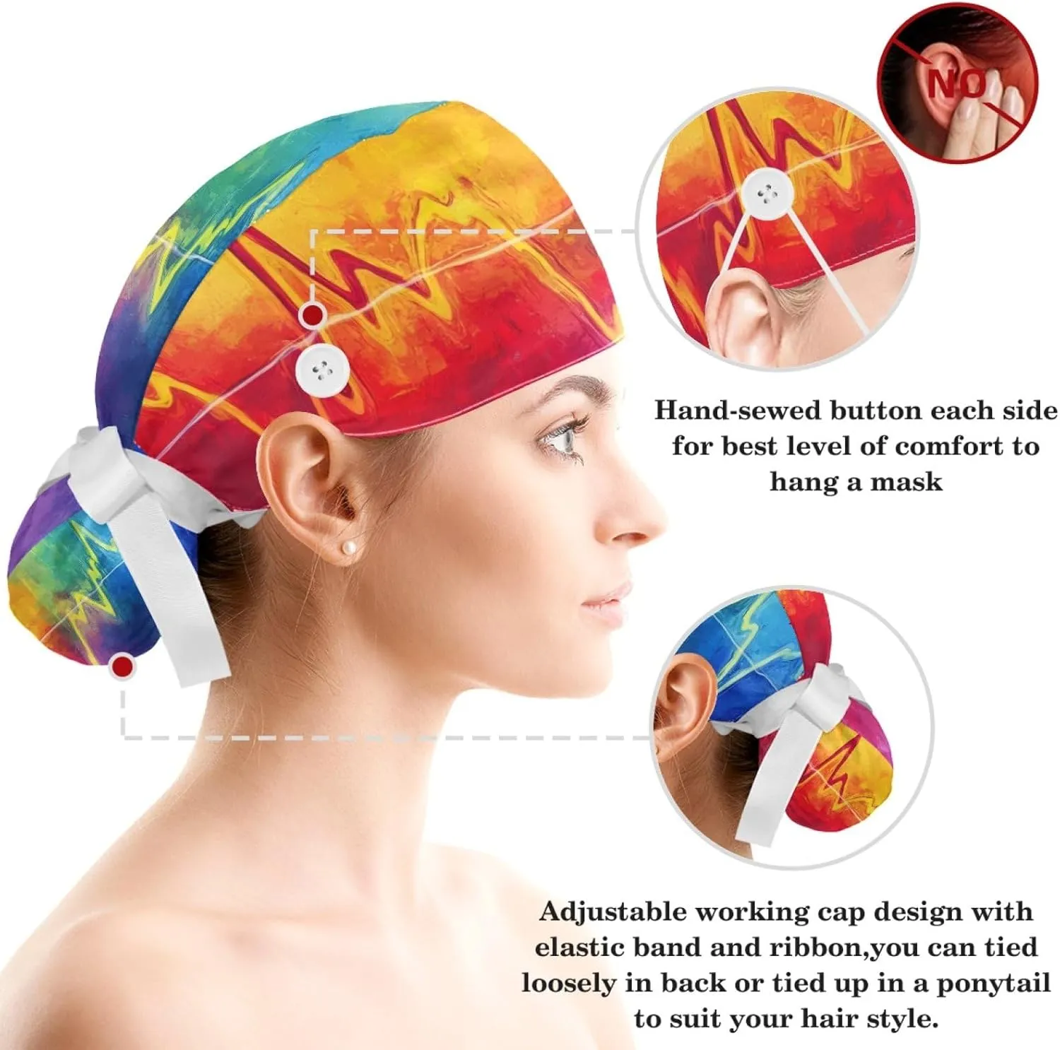 Womens Working Cap Scrub Hats with Bow Scrunchies, Heart Beat Pattern Bouffant Surgical Cap Ponytail Holder