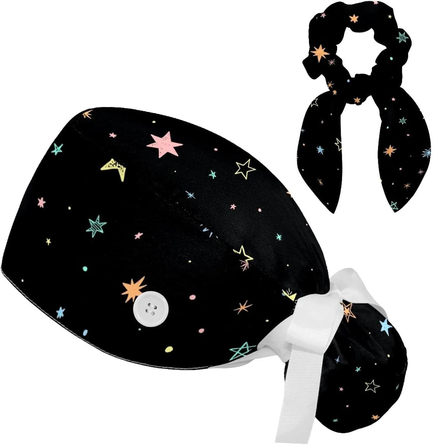 Women's Working Caps Bouffant Surgical Cap with Bow Scrunchies Little Daisy Art Paint Ponytail Holder Tie Back Scrub Hat