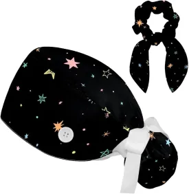 Women's Working Caps Bouffant Surgical Cap with Bow Scrunchies Little Daisy Art Paint Ponytail Holder Tie Back Scrub Hat