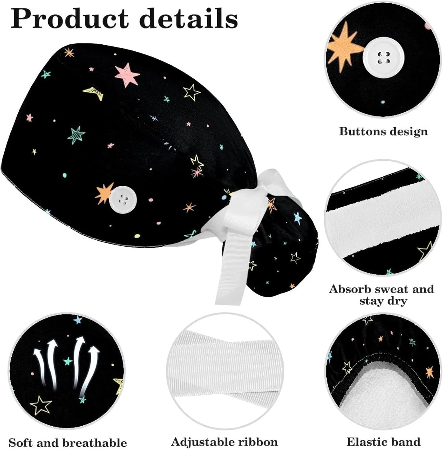 Women's Working Caps Bouffant Surgical Cap with Bow Scrunchies Little Daisy Art Paint Ponytail Holder Tie Back Scrub Hat