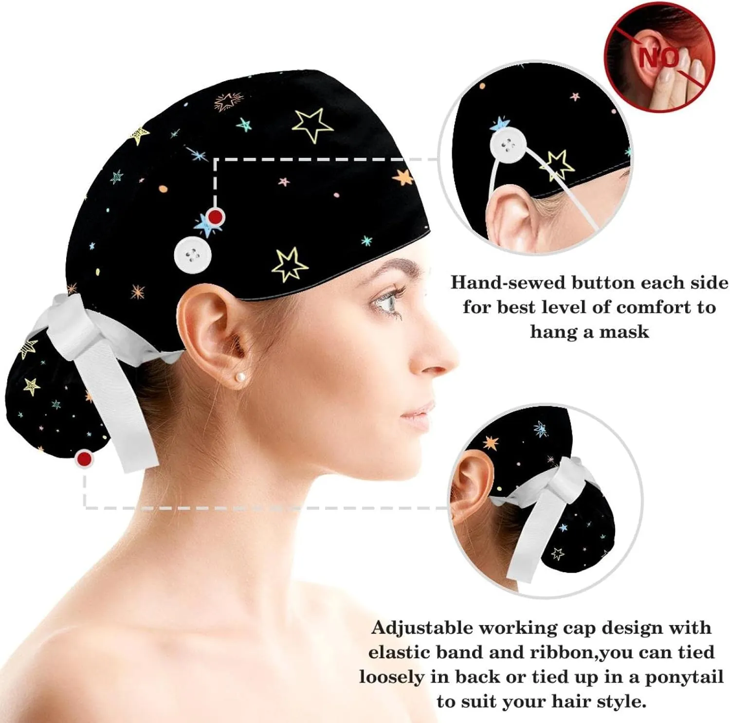 Women's Working Caps Bouffant Surgical Cap with Bow Scrunchies Little Daisy Art Paint Ponytail Holder Tie Back Scrub Hat