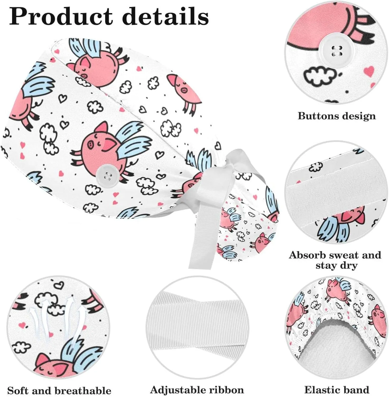Women's Working Caps Bouffant Surgical Cap with Bow Scrunchies Pink Strawberry Pattern Ponytail Holder Tie Back Scrub Hat