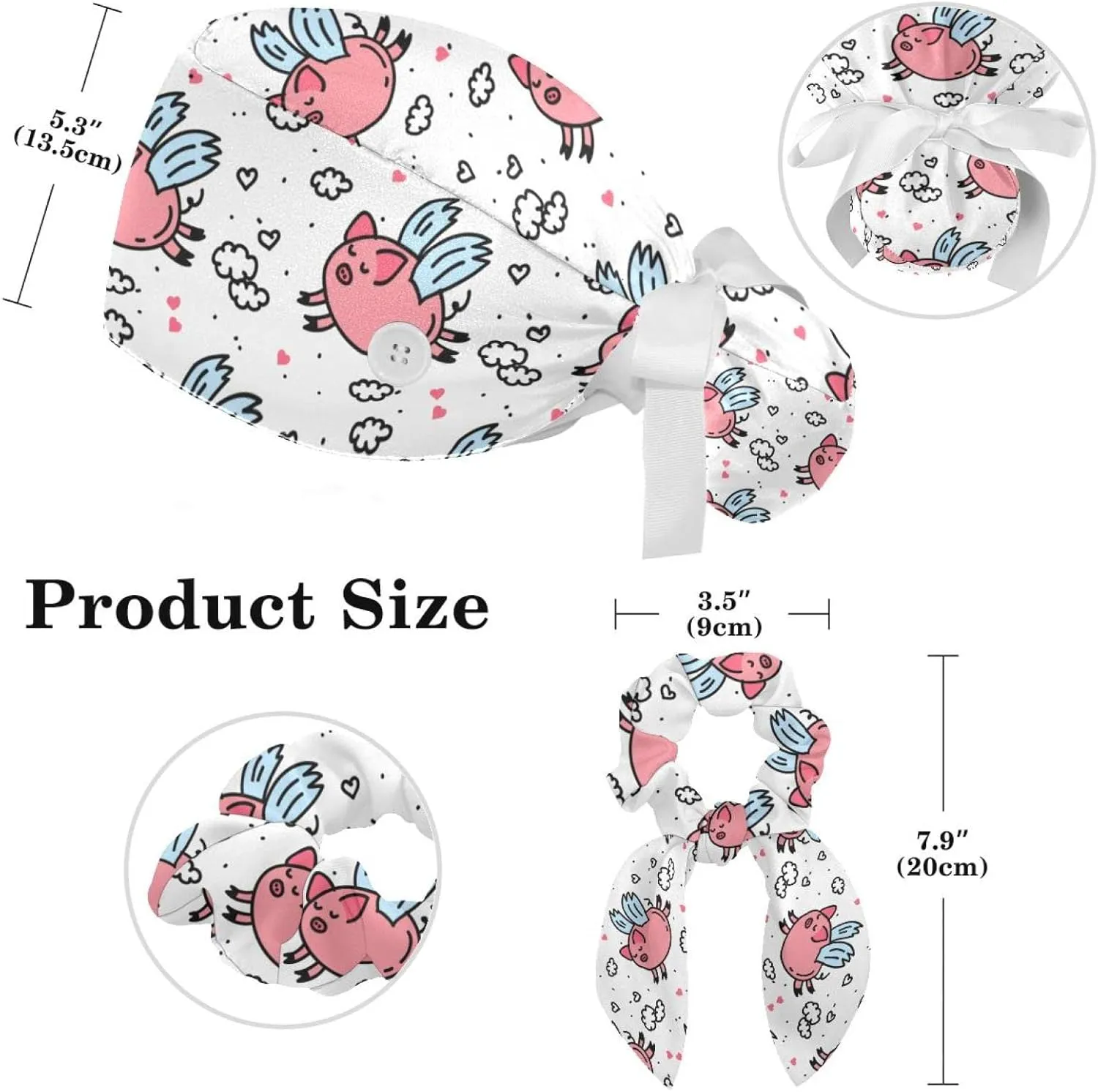 Women's Working Caps Bouffant Surgical Cap with Bow Scrunchies Pink Strawberry Pattern Ponytail Holder Tie Back Scrub Hat